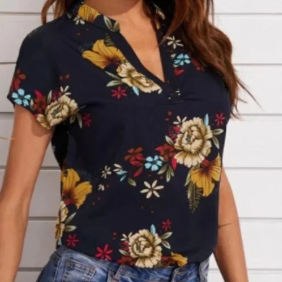 Shein Notched Neck Curved Hem Floral Print Blouse - Picture 3 of 5
